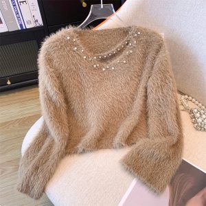 V-neck Rhinestone Studded Soft Sweater