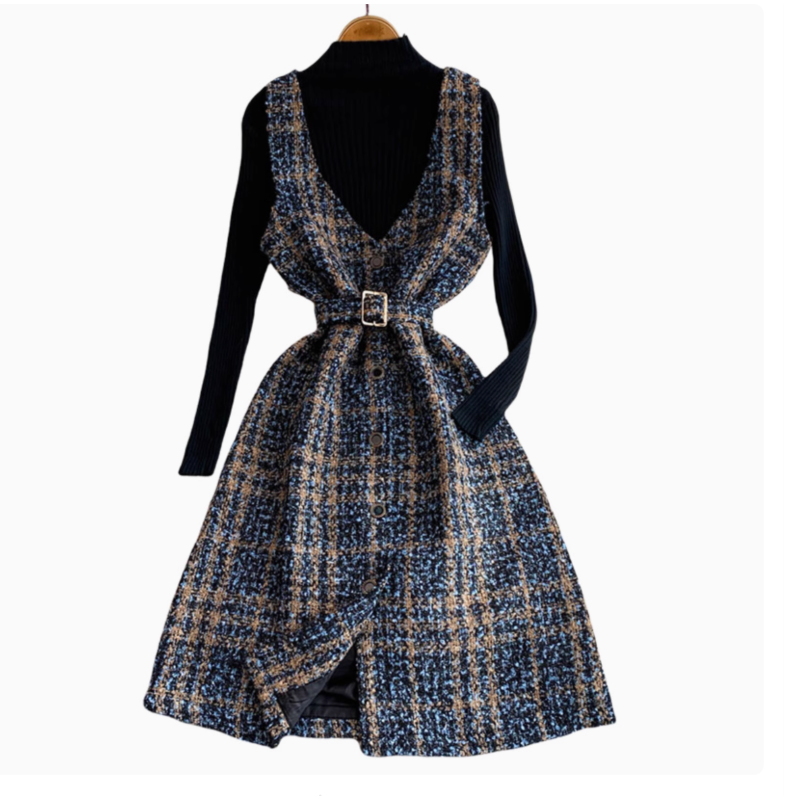 V-neck Tweed Dress&Black Sweater 2Pcs - Image 11