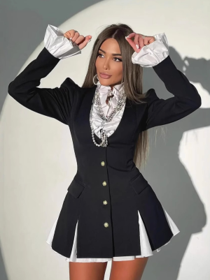 Suit Collar Ruffled Patchwork Black Dress