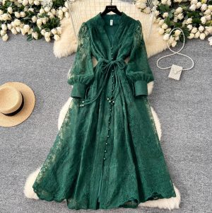 V-neck Embroidered Lace-up Dress