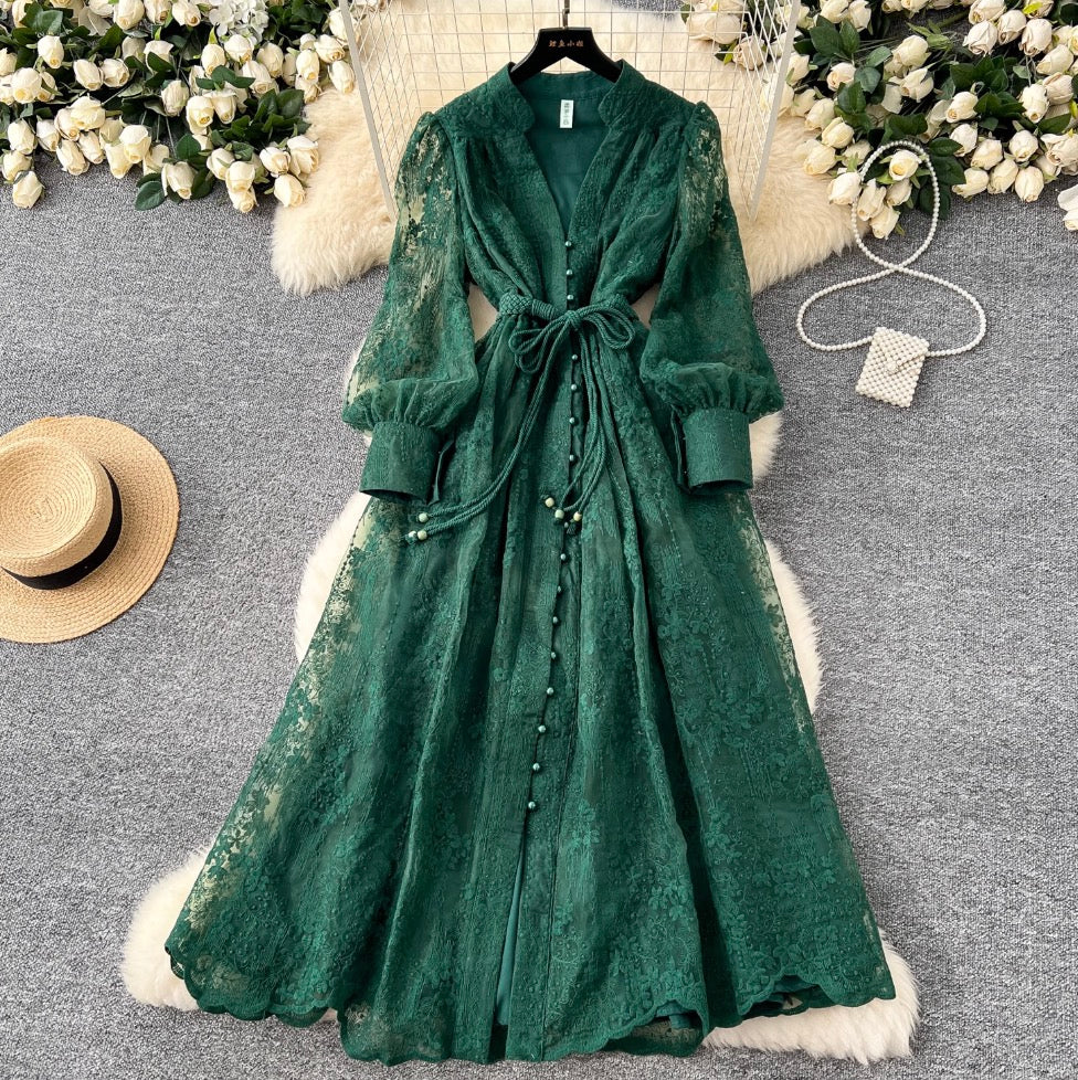 V-neck Embroidered Lace-up Dress