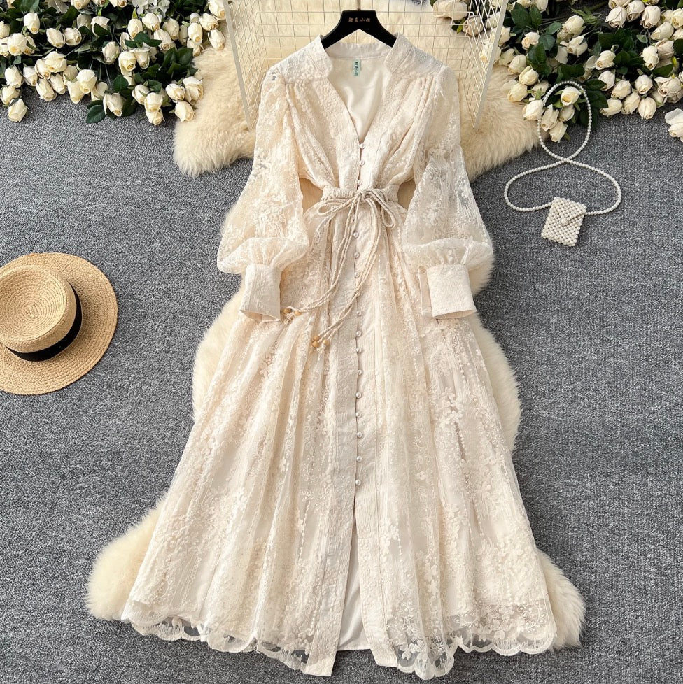 V-neck Embroidered Lace-up Dress - Image 3