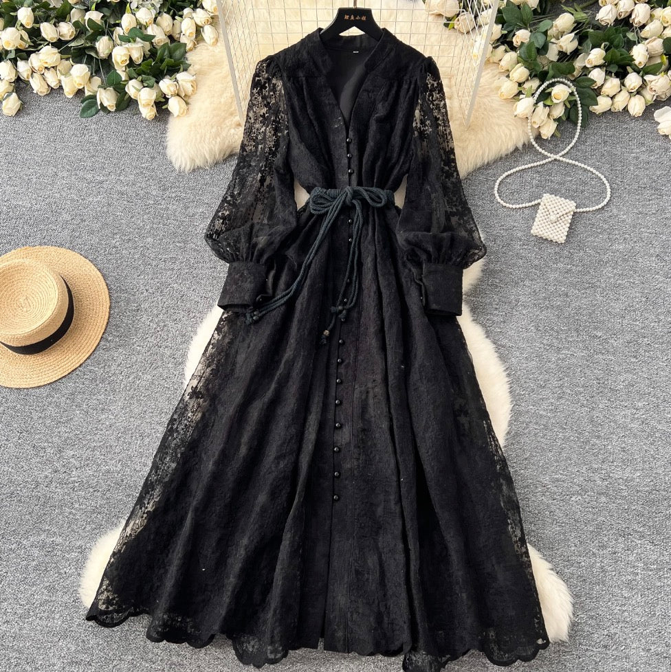 V-neck Embroidered Lace-up Dress - Image 4