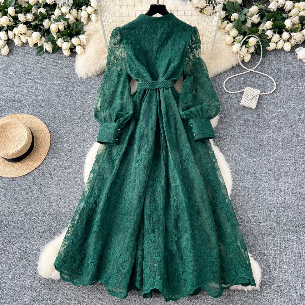 V-neck Embroidered Lace-up Dress - Image 2