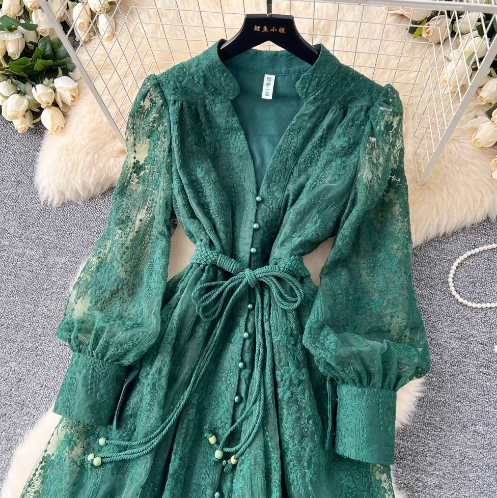 V-neck Embroidered Lace-up Dress - Image 7