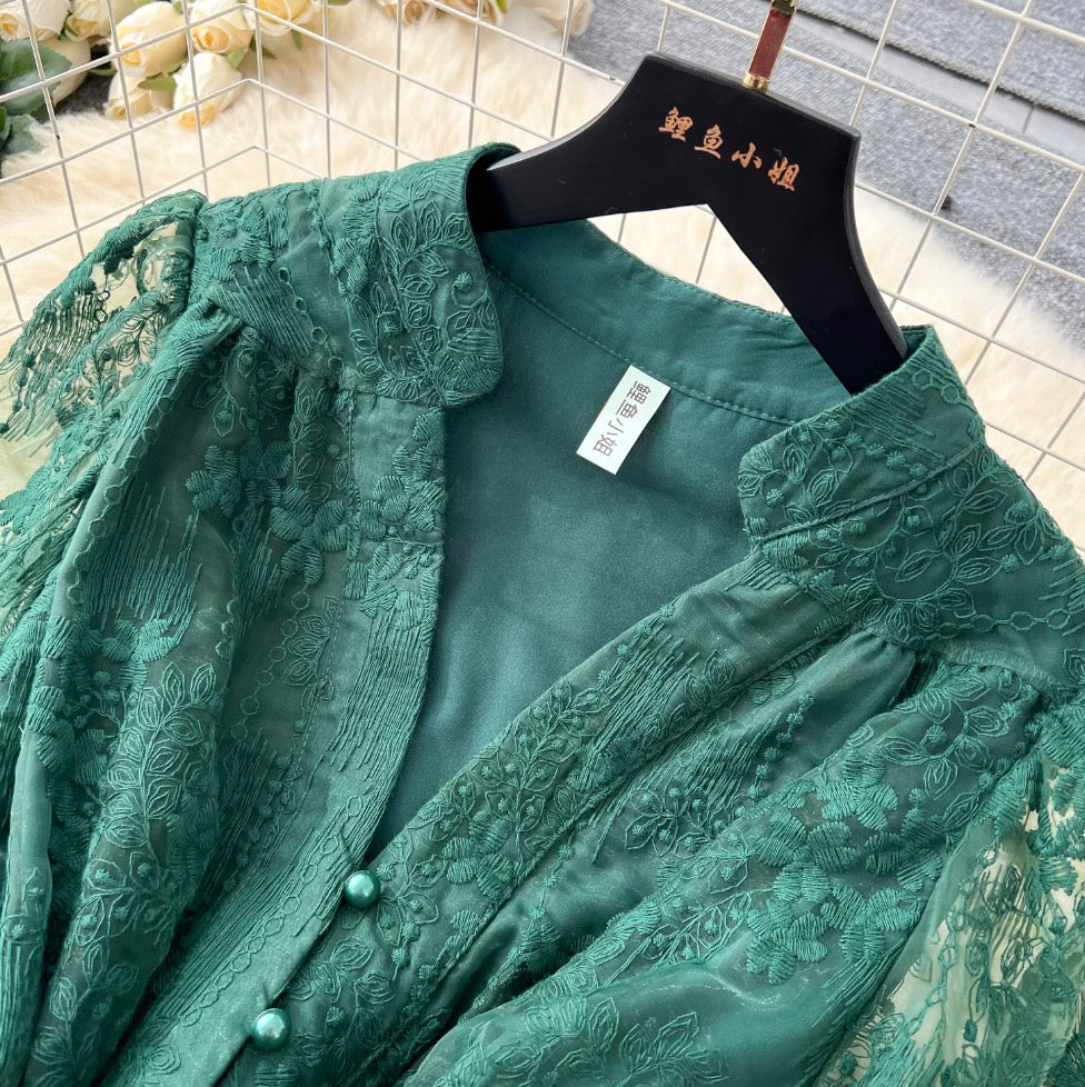 V-neck Embroidered Lace-up Dress - Image 8