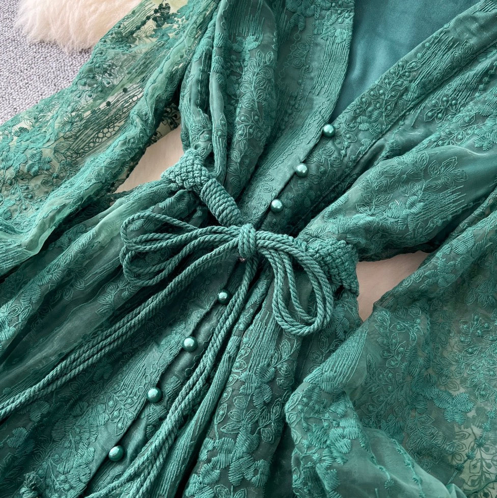 V-neck Embroidered Lace-up Dress - Image 9