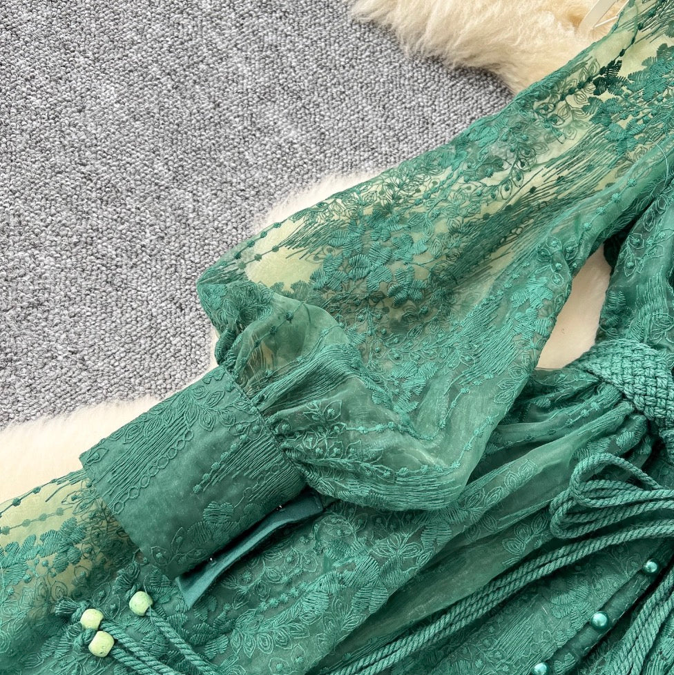 V-neck Embroidered Lace-up Dress - Image 10