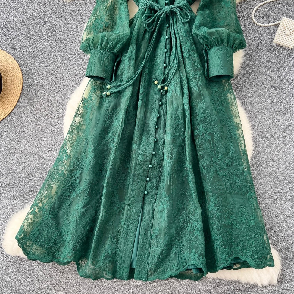 V-neck Embroidered Lace-up Dress - Image 11