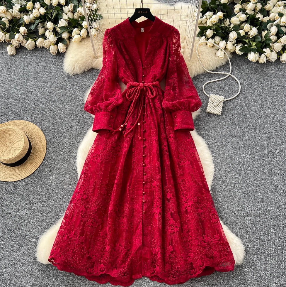 V-neck Embroidered Lace-up Dress - Image 6