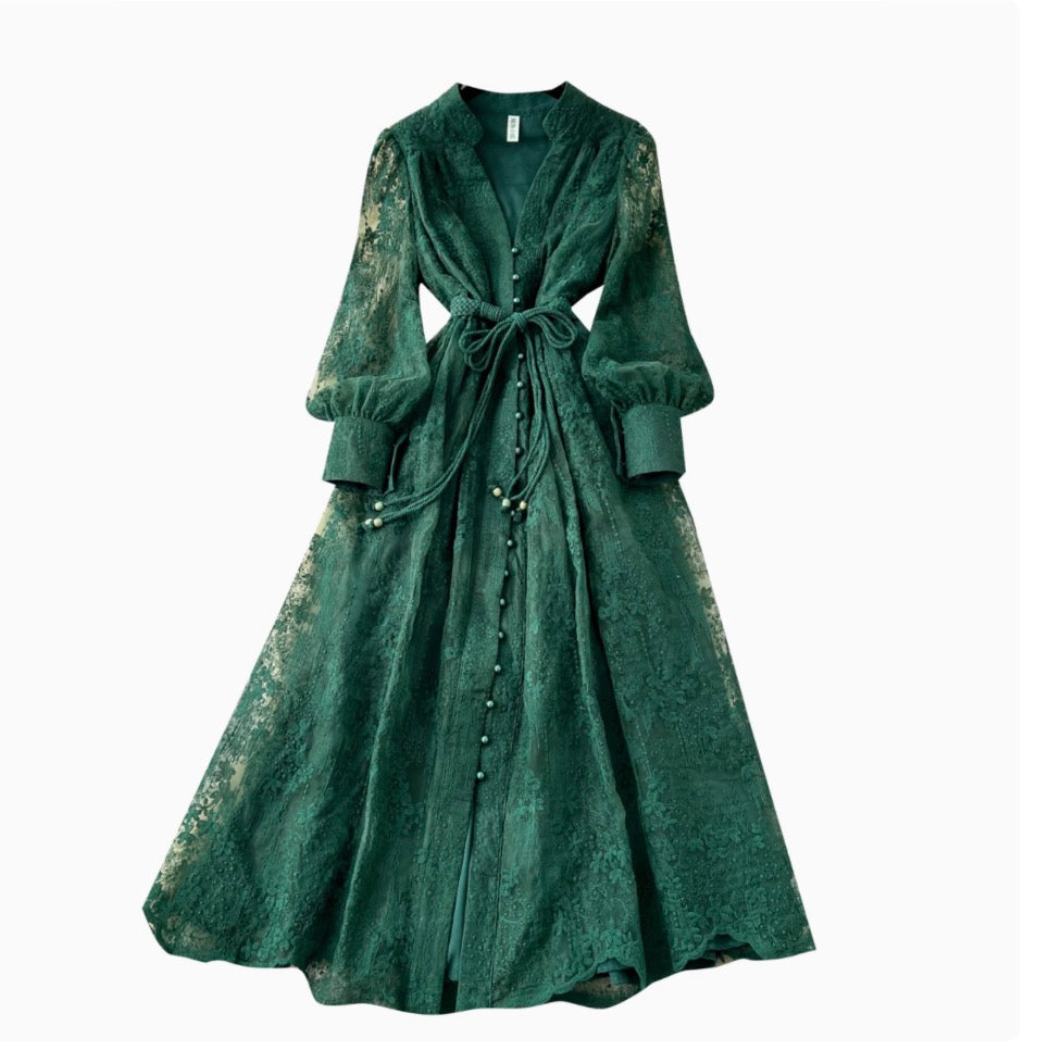 V-neck Embroidered Lace-up Dress - Image 14