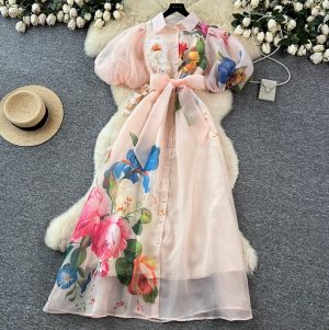 Courtly Colorful Floral Shirt Dress