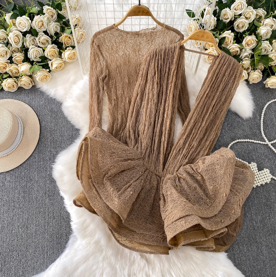 Irregular Design Ruffled Lace Dress 2Pcs - Image 2