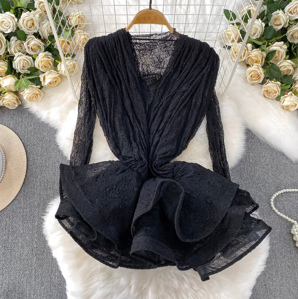 Irregular Design Ruffled Lace Dress 2Pcs - Image 4