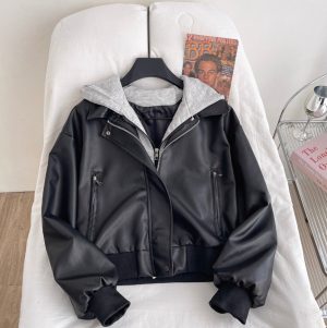 Faux Two-pieces Hooded PU Jacket