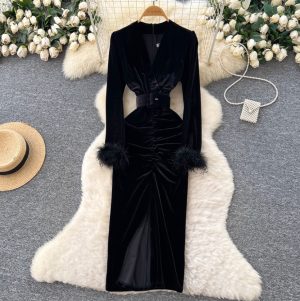Vintage Black Velvet Split Dress
