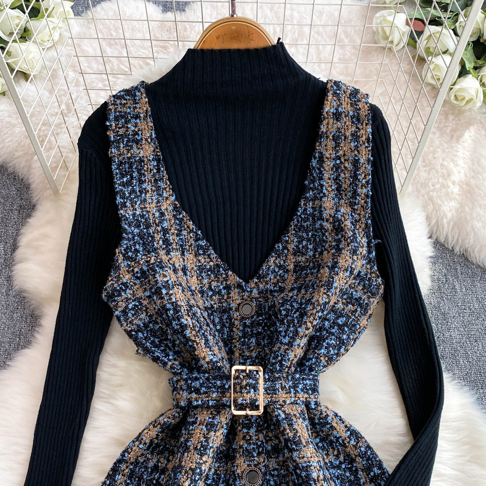 V-neck Tweed Dress&Black Sweater 2Pcs - Image 3