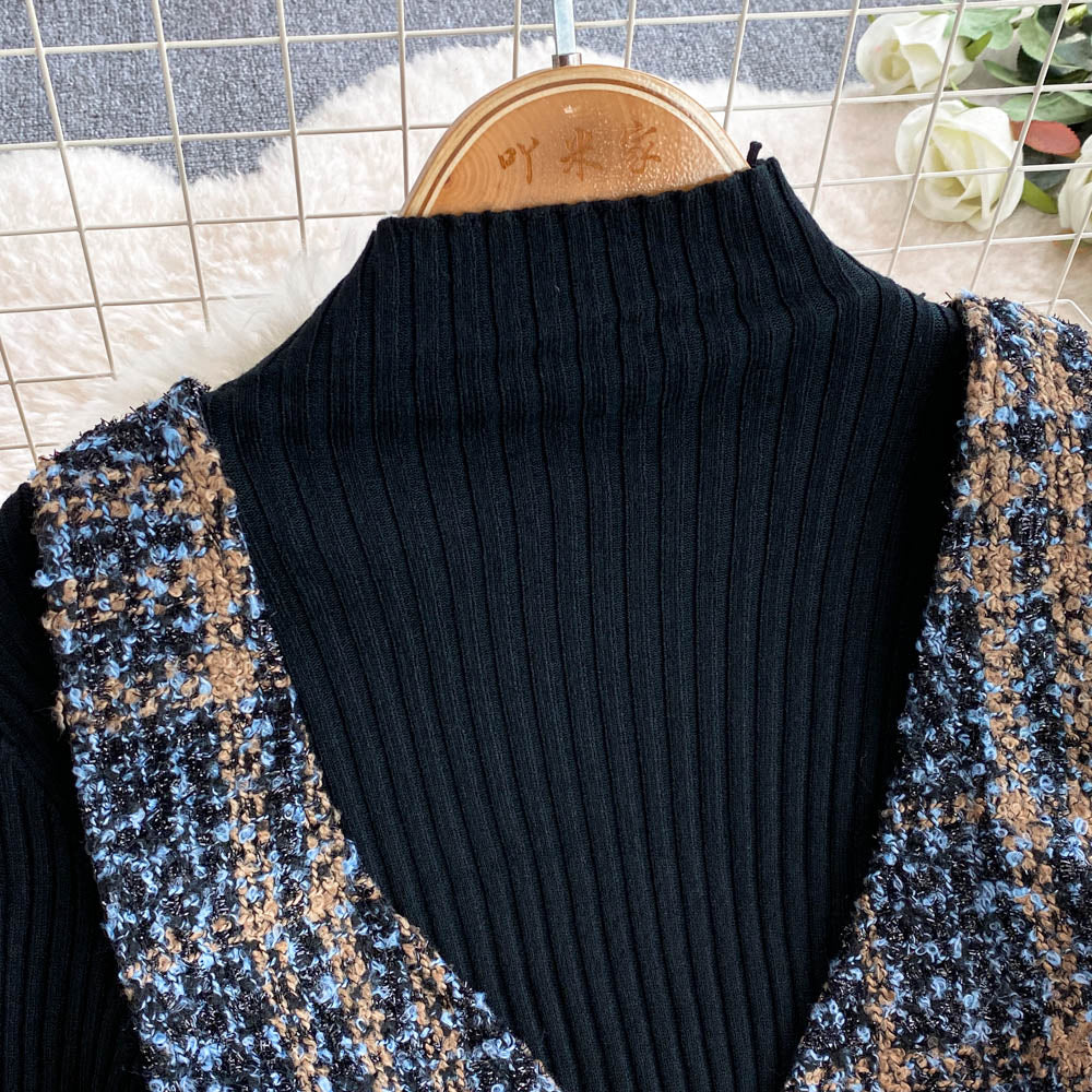 V-neck Tweed Dress&Black Sweater 2Pcs - Image 4