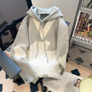 Faux Two-pieces Patchwork Hooded Knitwear