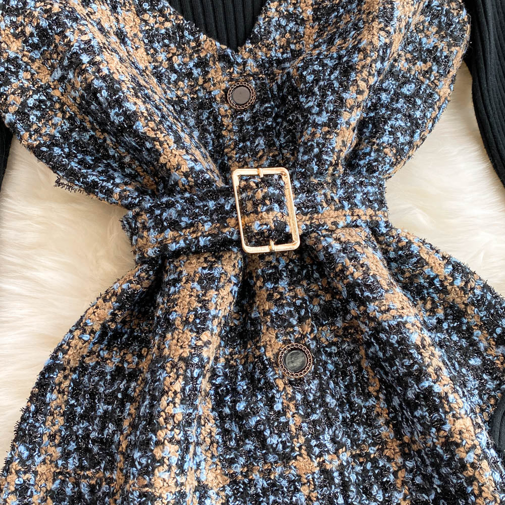 V-neck Tweed Dress&Black Sweater 2Pcs - Image 6