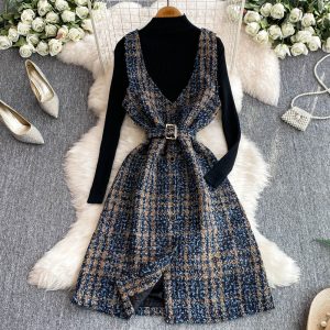 V-neck Tweed Dress&Black Sweater 2Pcs