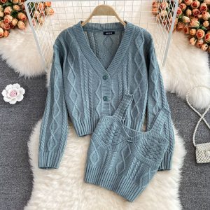 Two-piece V-Neck Twist Knit Cardigan & Vest
