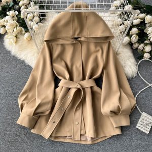 Solid Color Strap-on Hooded Jacket